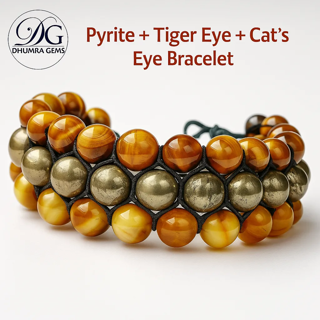 triple protection pyrite bracelet dhumra Triple Protection Bracelet with Pyrite, Tiger Eye, and Cat’s Eye beads