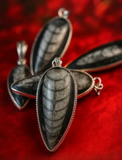 orthoceras kuber stone pendants natural fossil jewelry Group of Orthoceras Kuber Stone Pendants made from ancient fossils, silver bezel setting