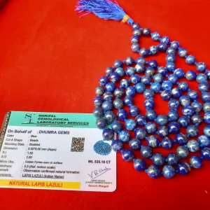 Natural Lajwart Mala with gemstone certificate on red background, authentic lapis lazuli beads with tassel
